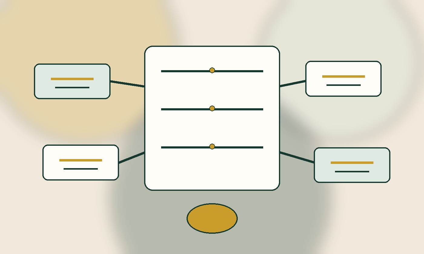 Editorial illustration of a business knowledge cabinet connected to approved source cards