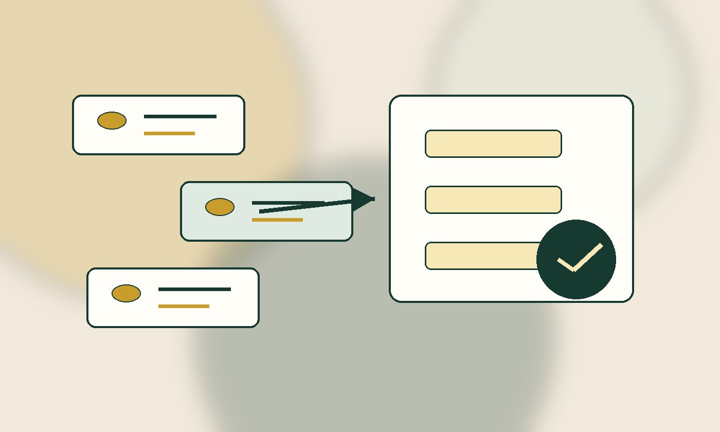 Editorial illustration of client feedback cards flowing into an approved proof board